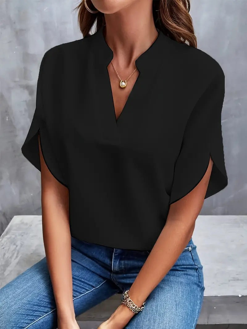 Casual Solid Color V Neck Loose Shirt Short Sleeve Women Top