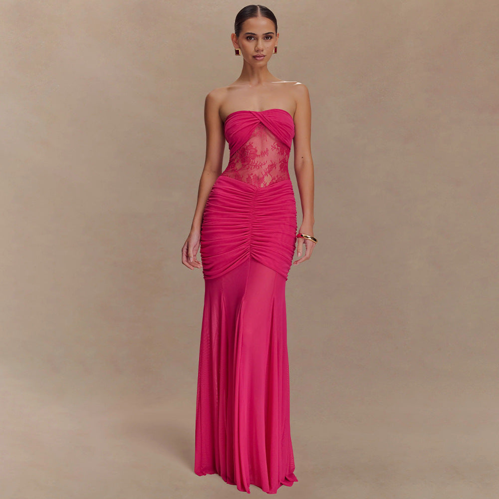 Women Slim Sleeveless Tube Top Bodycon Midi Party Dress