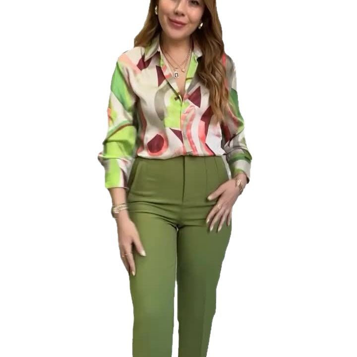 Printed Jacket Slim Trousers Two Piece Set Womens Daily Wear