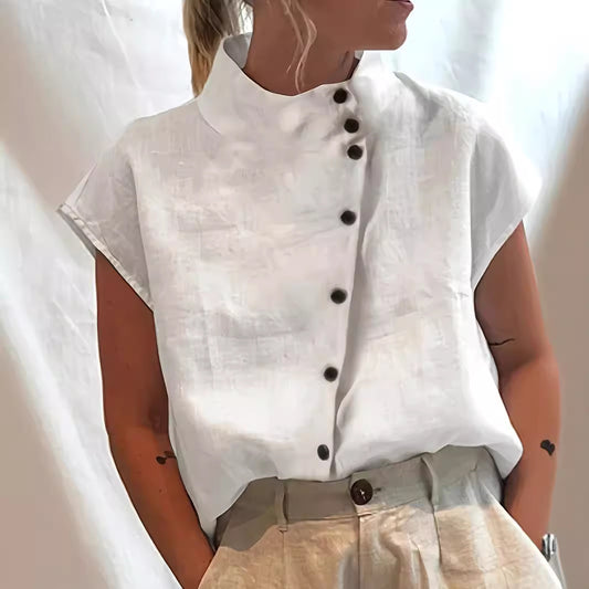 Fashionable Stand Collar Short Sleeve Shirt Casual Wear Top