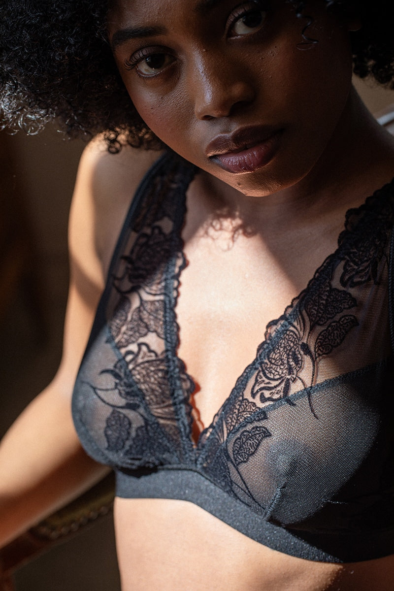 Women Black Floral Lace Plunge Bralette Sheer Triangle Bra
