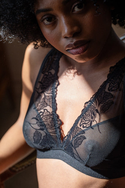Women Black Floral Lace Plunge Bralette Sheer Triangle Bra