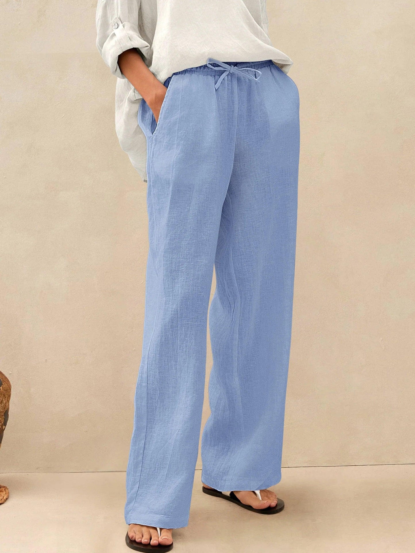 Women 100 Linen Straight Leg Drawstring Pants Casual