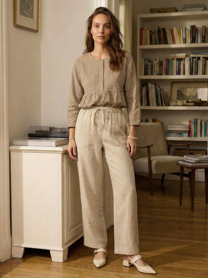 Women 100 Linen Straight Leg Drawstring Pants Casual