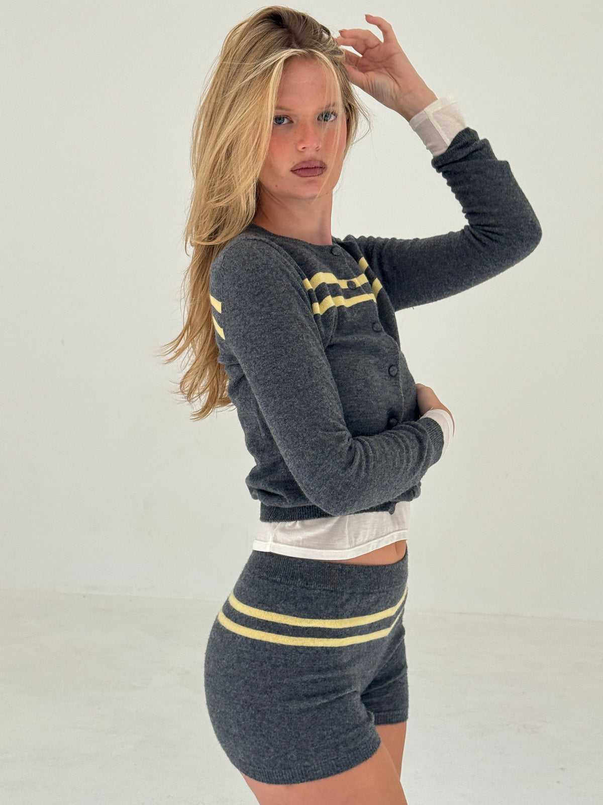 Women Cashmere Wool Stripe Cardigan Charcoal Butter Knit