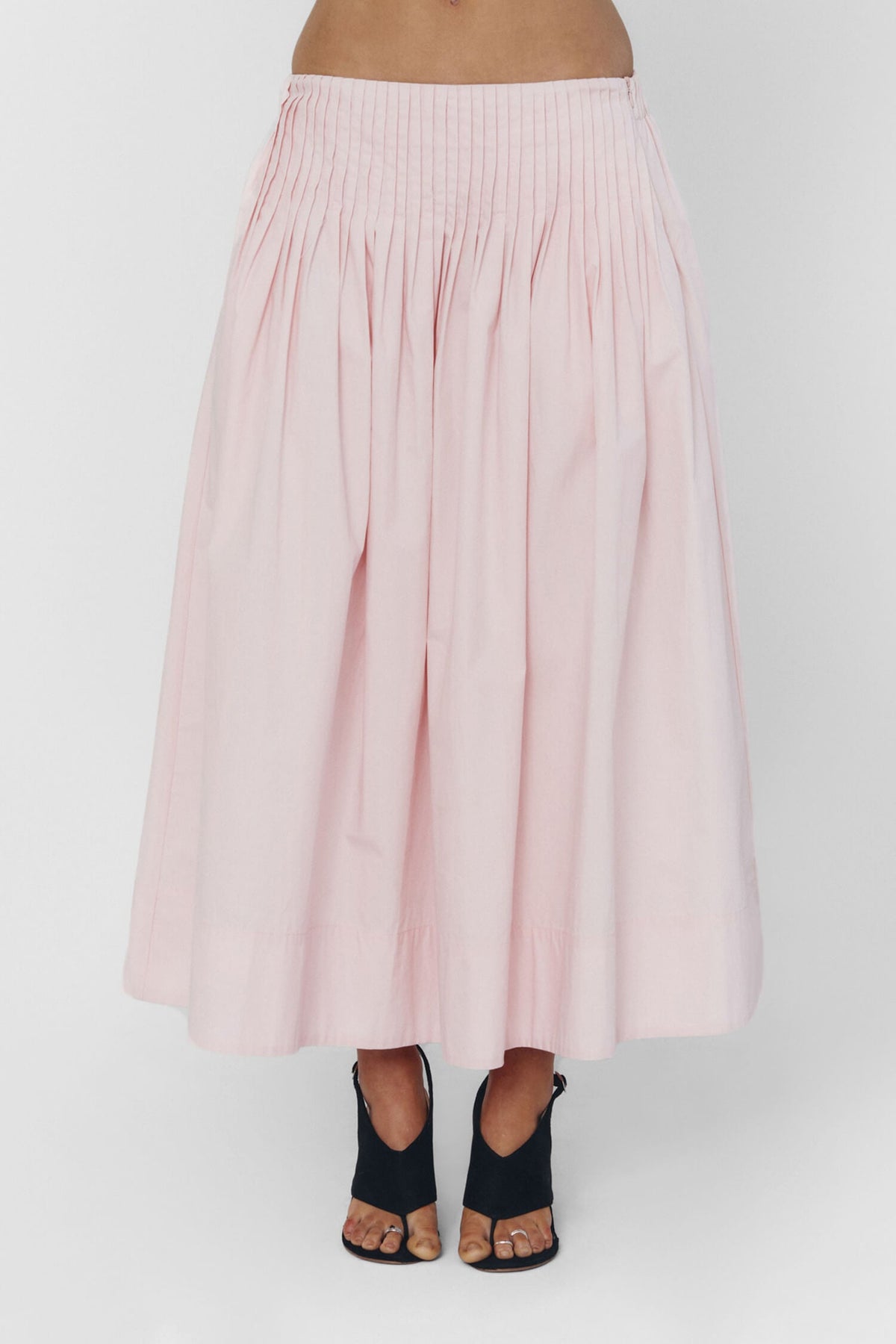 Women Pleated High Waist Cotton Midi Skirt Baby Pink