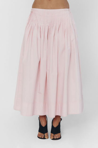 Women Pleated High Waist Cotton Midi Skirt Baby Pink