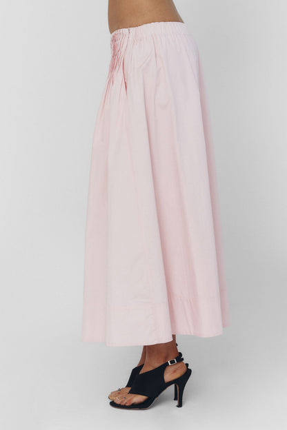 Women Pleated High Waist Cotton Midi Skirt Baby Pink