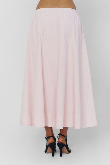 Women Pleated High Waist Cotton Midi Skirt Baby Pink