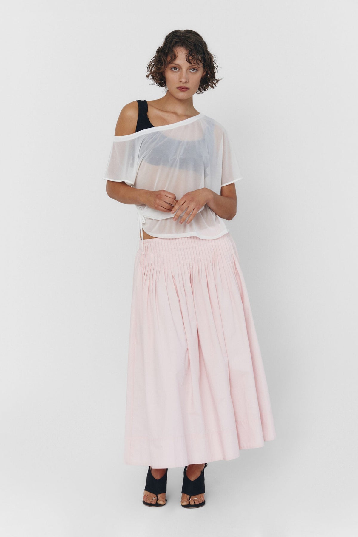 Women Pleated High Waist Cotton Midi Skirt Baby Pink