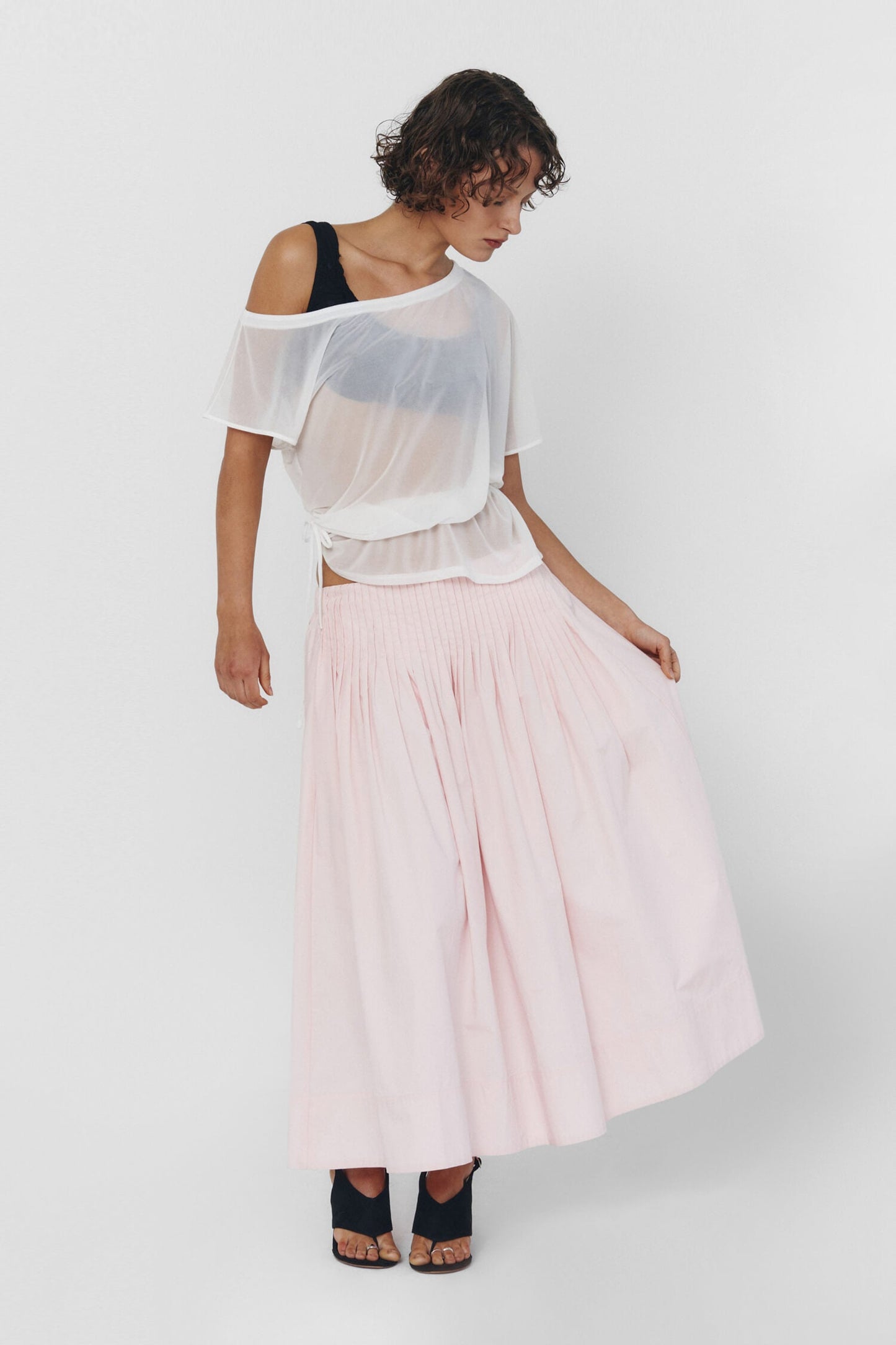 Women Pleated High Waist Cotton Midi Skirt Baby Pink