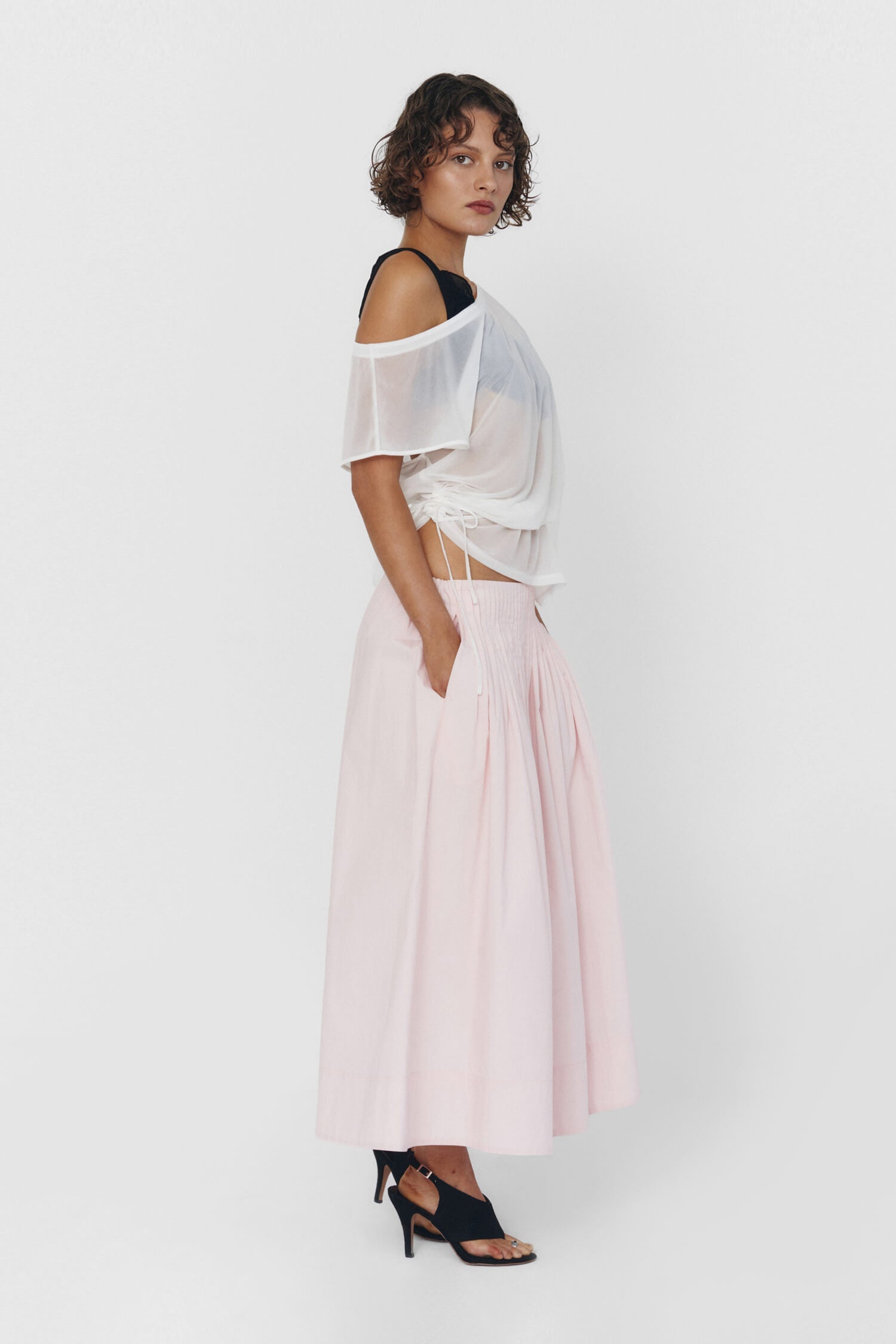 Women Pleated High Waist Cotton Midi Skirt Baby Pink
