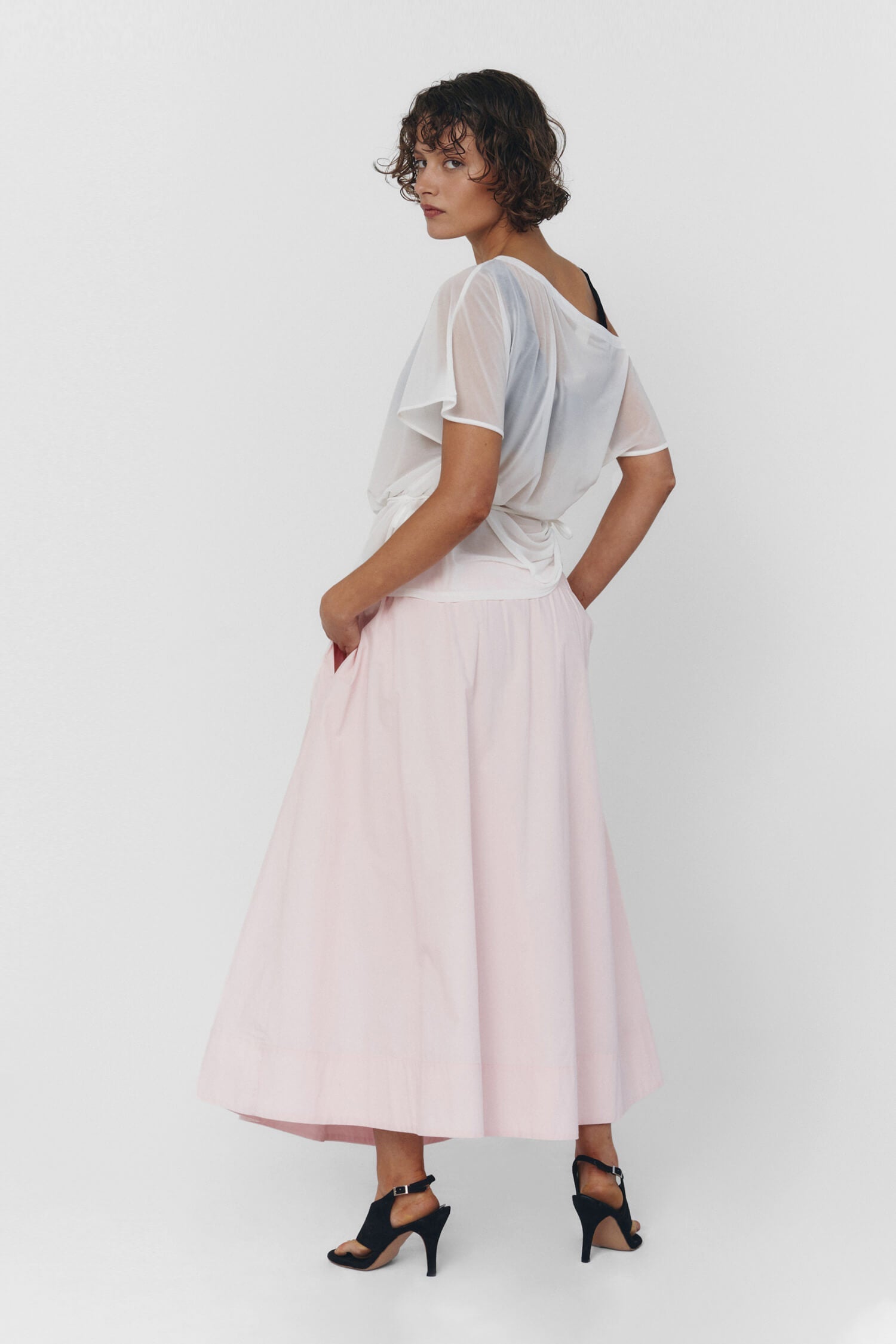 Women Pleated High Waist Cotton Midi Skirt Baby Pink