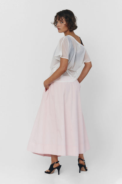Women Pleated High Waist Cotton Midi Skirt Baby Pink