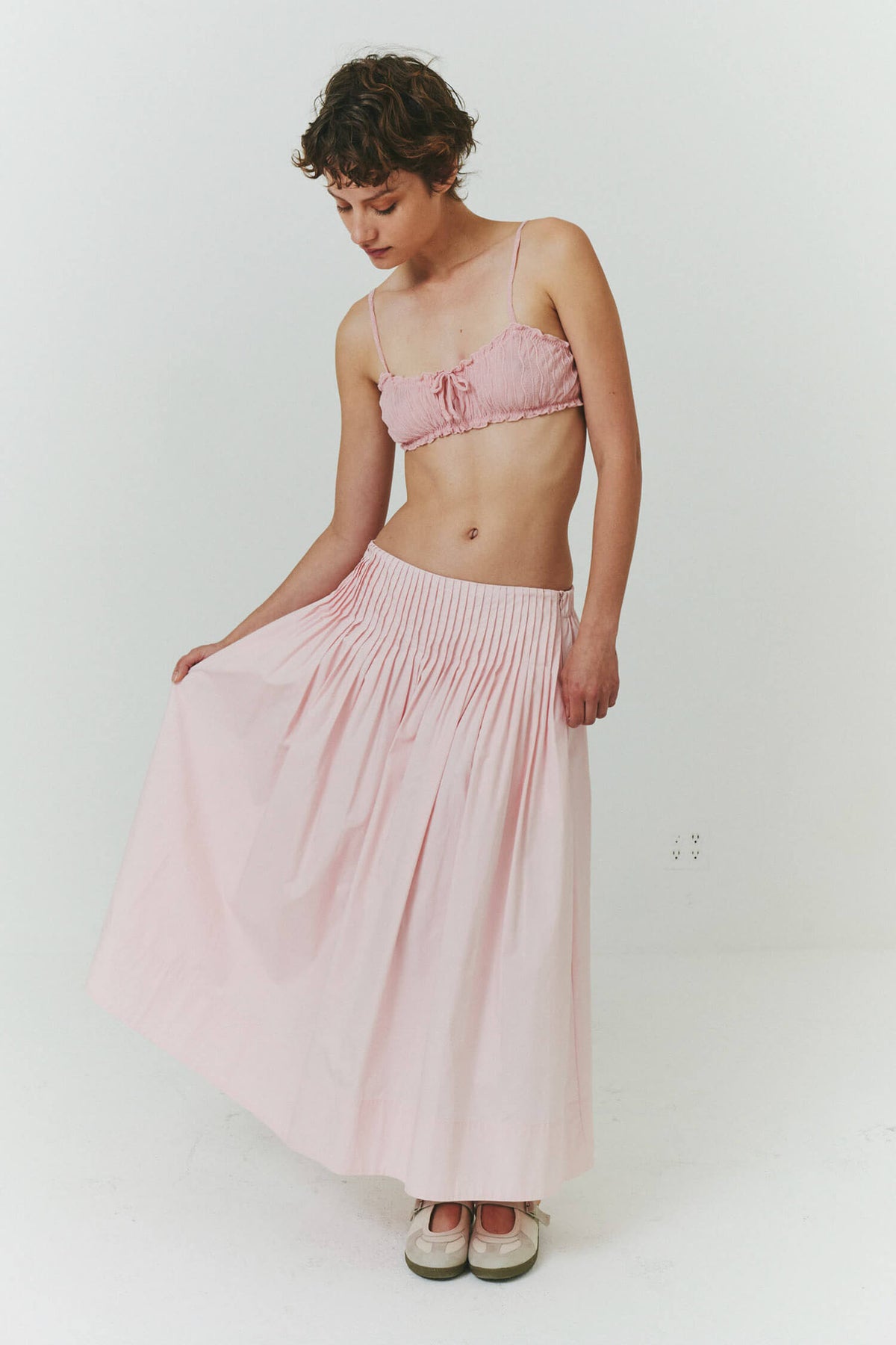 Women Pleated High Waist Cotton Midi Skirt Baby Pink
