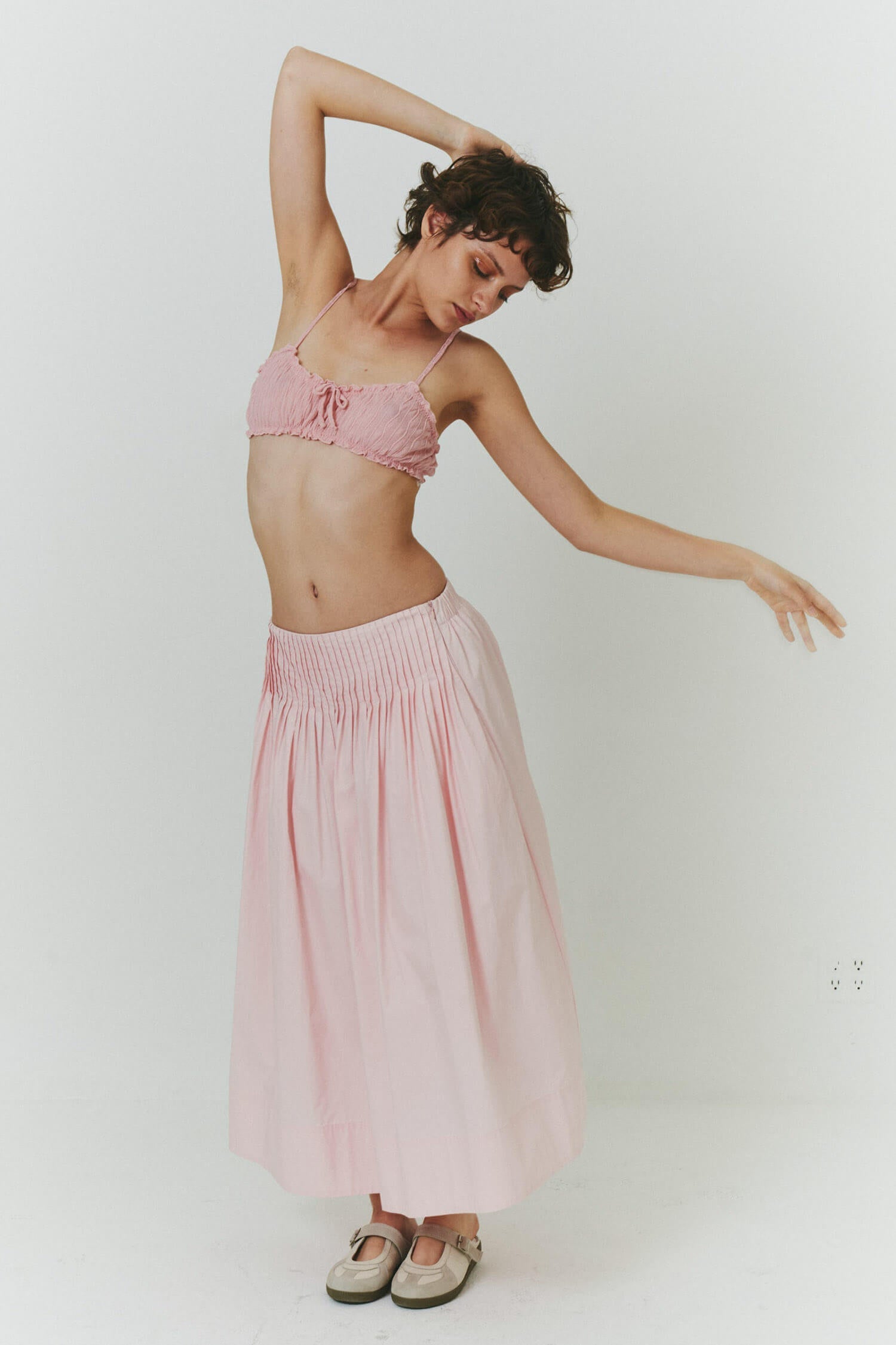 Women Pleated High Waist Cotton Midi Skirt Baby Pink