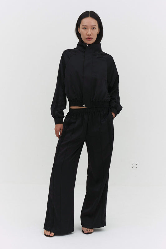 Leiseu Track Pants Black Wide Leg Contrast Trim Womens Style