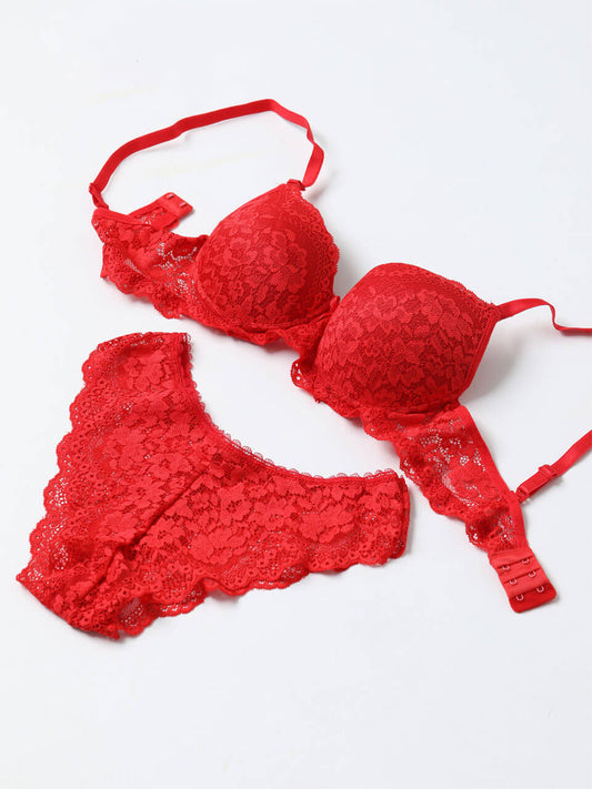 Women Red Lace Half Cup Shelf Bra Underwire Brief Lingerie