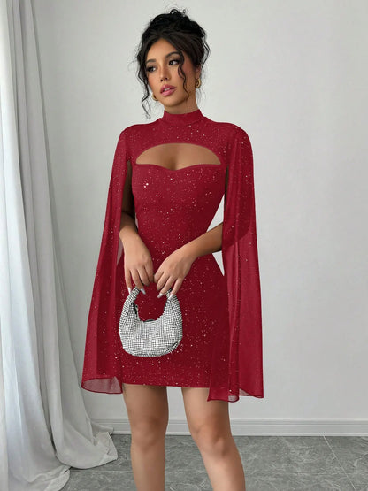 Sexy Women's Stand Collar Cape Mini Dress Sequins Sparkling Club Party Night Out Fitted Bodycon Elegant Autumn Winter