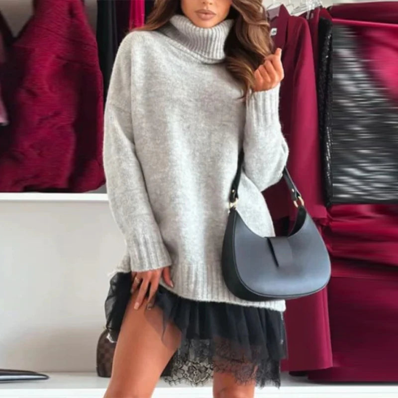 Solid Color Sweater Short Dress Woman Set High Neck Long Sleeve Loose Sweaters Lace Halter Dresses Casual Versatile Women's Sets