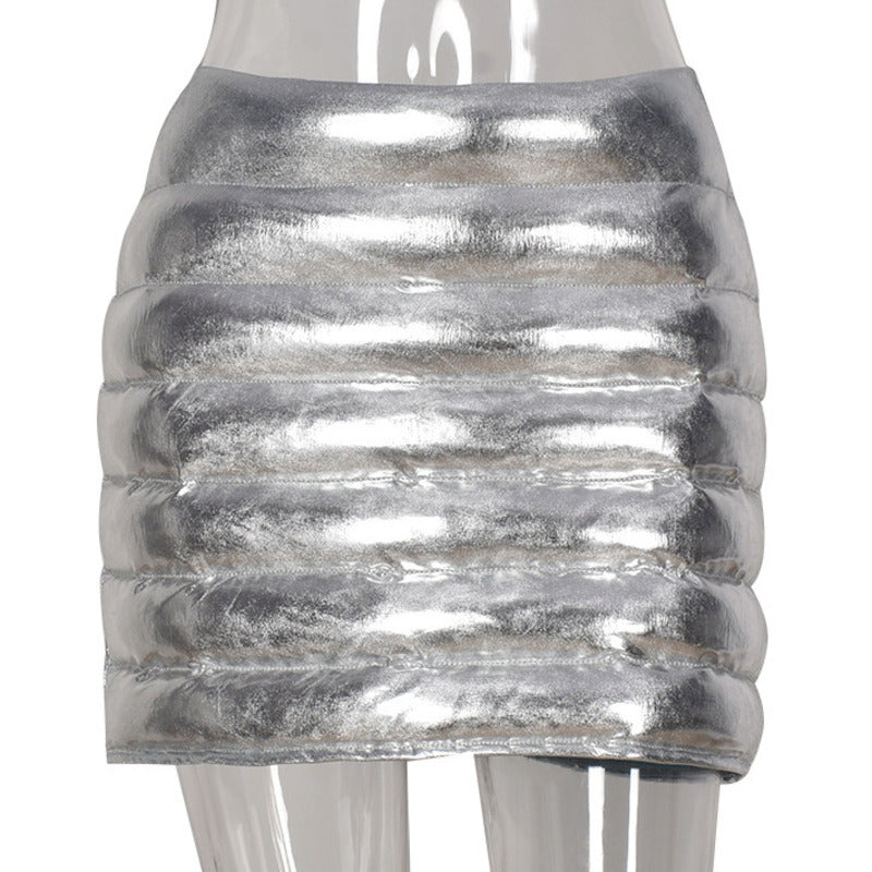 Silver Metallic Quilted Puffer Mini Skirt for Women Stylish