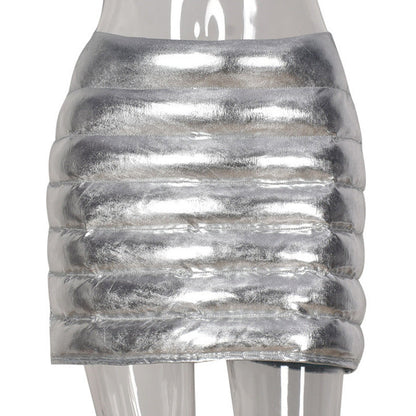 Silver Metallic Quilted Puffer Mini Skirt for Women Stylish