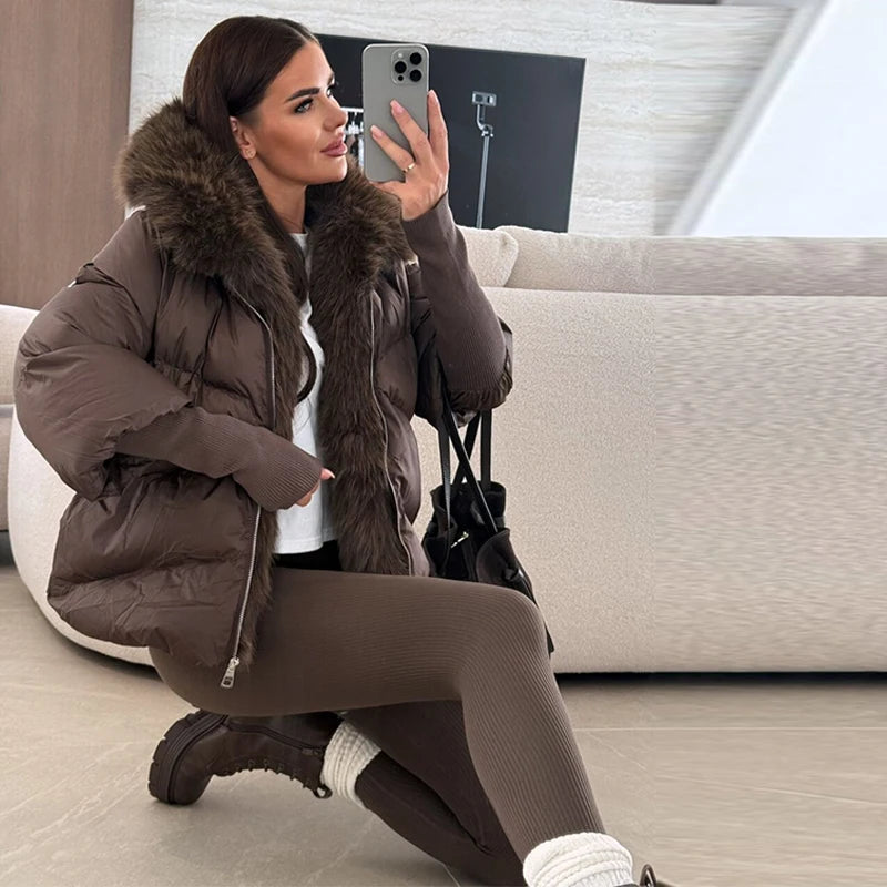 Fashion Women's Faux Fur Hooded Winter Jackets 2025 Warm Patchwork Zipper Full Sleeve Coats Puffer Female Solid Down Jacket