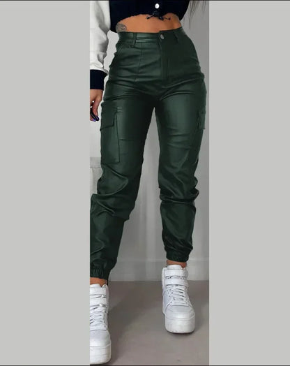 Y2K Vintage Women Elegant Harajuku Streetwear Black Cargo Pants Motorcycle Pu Leather High Waist Harem Jogger Trousers Clothes
