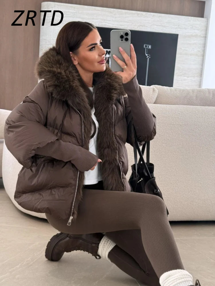 Fashion Women's Faux Fur Hooded Winter Jackets 2025 Warm Patchwork Zipper Full Sleeve Coats Puffer Female Solid Down Jacket