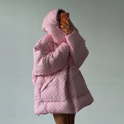 Oversized Puffer Women's Jackets Coat Print Hooded Zipper Parka Coats Loose Mid‑Length Warm Winter Outerwear With Big Pockets