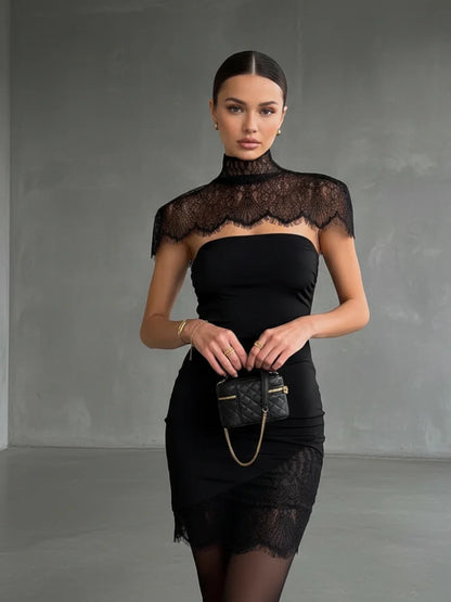 Chic Cape Shawl Strapless Long Dress Women Solid Patchwork Lace Pleated Slim Maxi Dresses 2026 Lady Evening Party Vestidos New