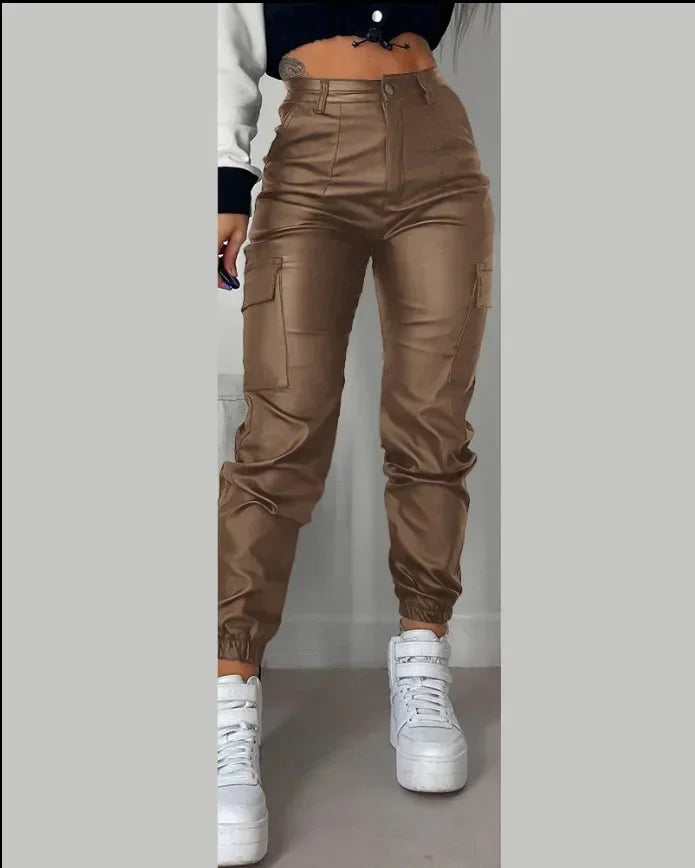 Y2K Vintage Women Elegant Harajuku Streetwear Black Cargo Pants Motorcycle Pu Leather High Waist Harem Jogger Trousers Clothes