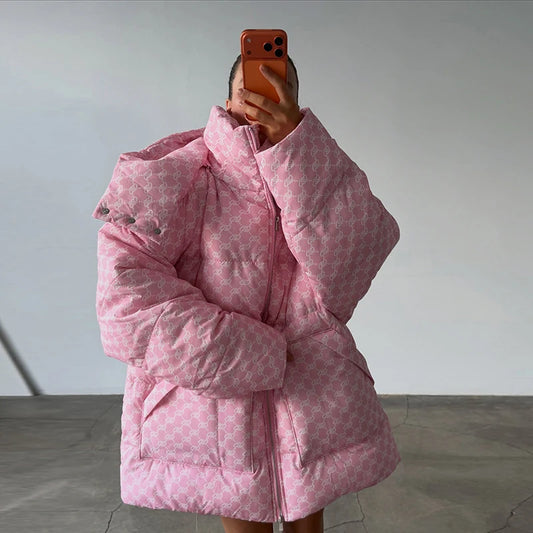 Oversized Puffer Women's Jackets Coat Print Hooded Zipper Parka Coats Loose Mid‑Length Warm Winter Outerwear With Big Pockets