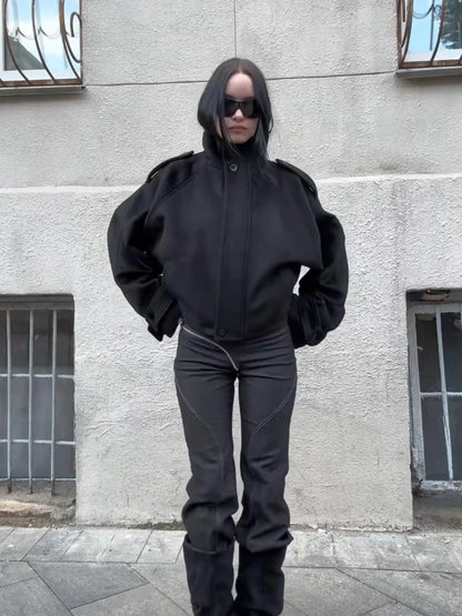 Casual Stand Collar Woolen Jacket Casual Buttons Long Sleeve Drop Shoulder Zipper Loose Coat High Street All-match Spring Tops