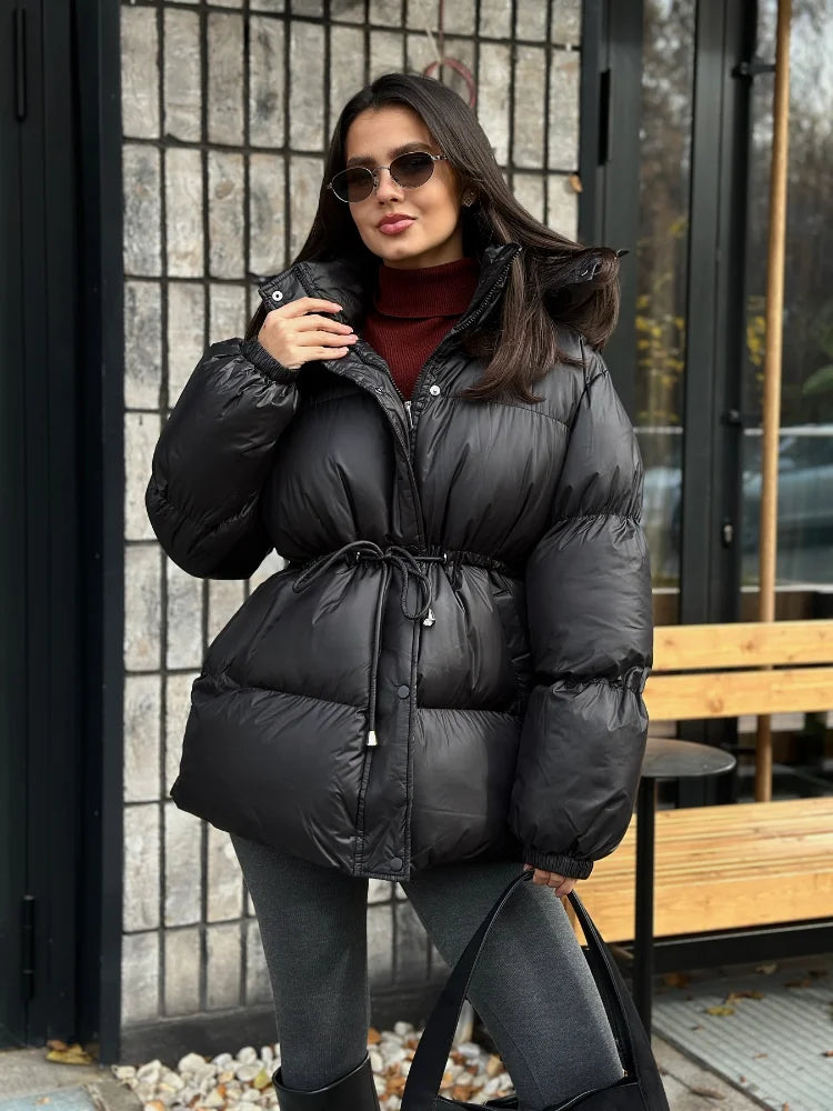 Fashion Lace Up Hooded Cotton Coat Women Casual Stand Collar Single Breasted Pocket Loose Warm Coats Lady Winter Street Outwear