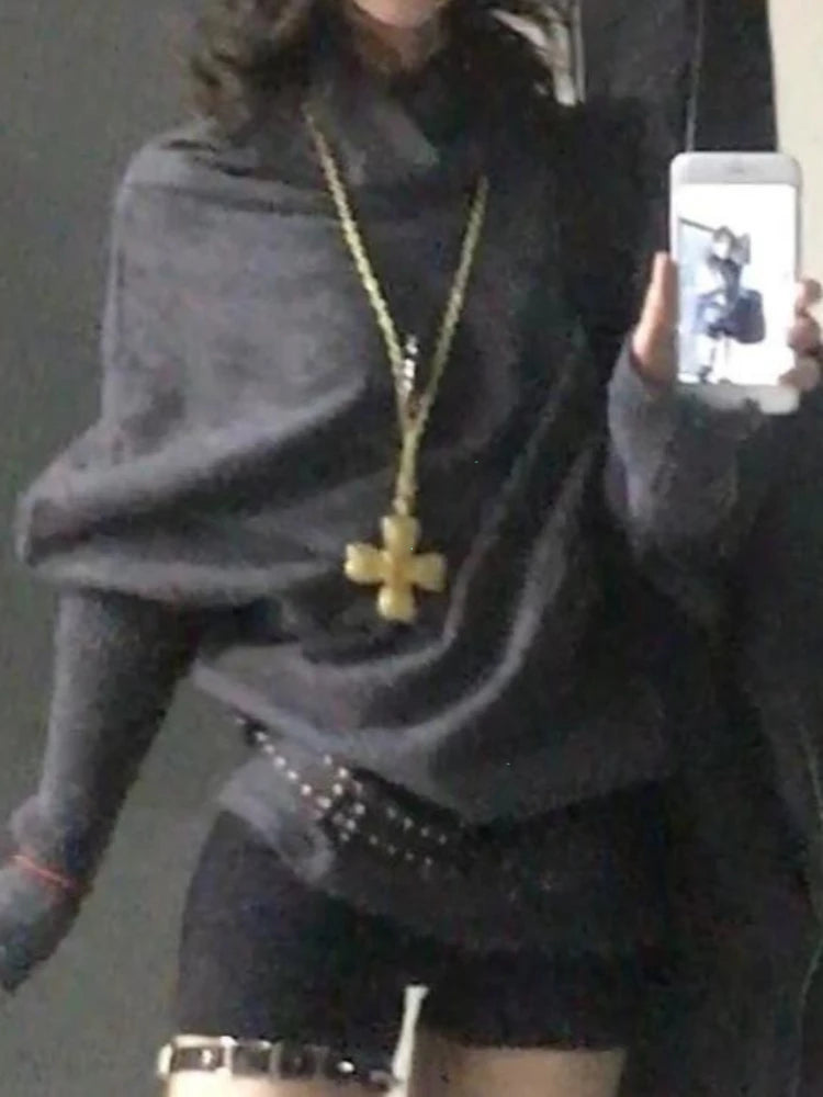 2000s Korean Fashion Slim Batwing Sleeve Autumn Sweaters Y2k Pure Color Subculture Casual Long Sleeve Pullovers Sweaters Chic