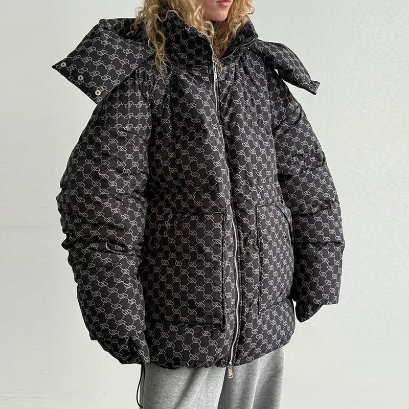 Oversized Puffer Women's Jackets Coat Print Hooded Zipper Parka Coats Loose Mid‑Length Warm Winter Outerwear With Big Pockets