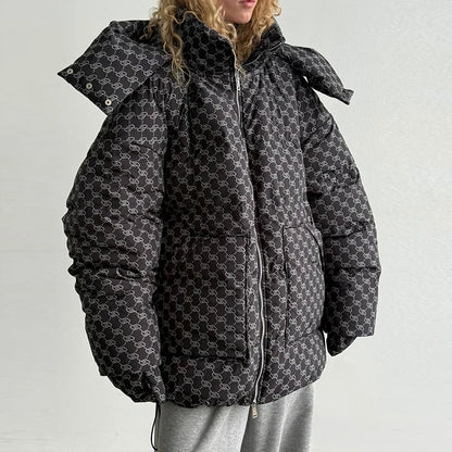Oversized Puffer Women's Jackets Coat Print Hooded Zipper Parka Coats Loose Mid‑Length Warm Winter Outerwear With Big Pockets