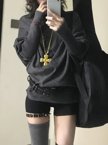 2000s Korean Fashion Slim Batwing Sleeve Autumn Sweaters Y2k Pure Color Subculture Casual Long Sleeve Pullovers Sweaters Chic