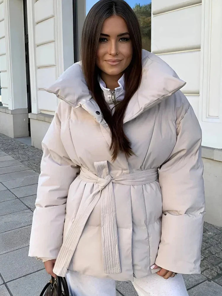 Fashion Lace Up Hooded Cotton Coat Women Casual Stand Collar Single Breasted Pocket Loose Warm Coats Lady Winter Street Outwear