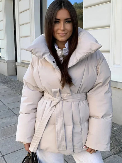 Fashion Lace Up Hooded Cotton Coat Women Casual Stand Collar Single Breasted Pocket Loose Warm Coats Lady Winter Street Outwear