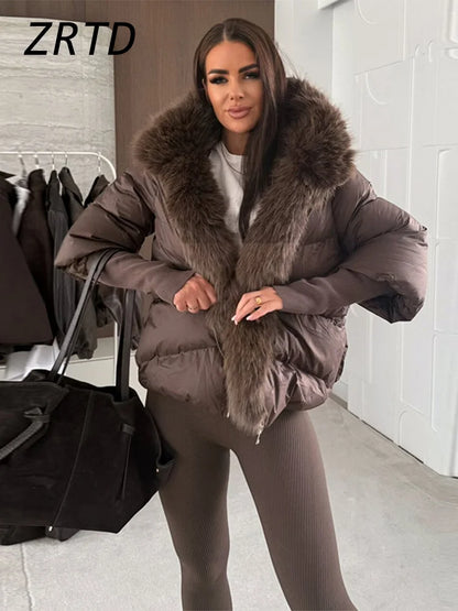 Fashion Women's Faux Fur Hooded Winter Jackets 2025 Warm Patchwork Zipper Full Sleeve Coats Puffer Female Solid Down Jacket
