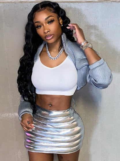 Silver Metallic Quilted Puffer Mini Skirt for Women Stylish
