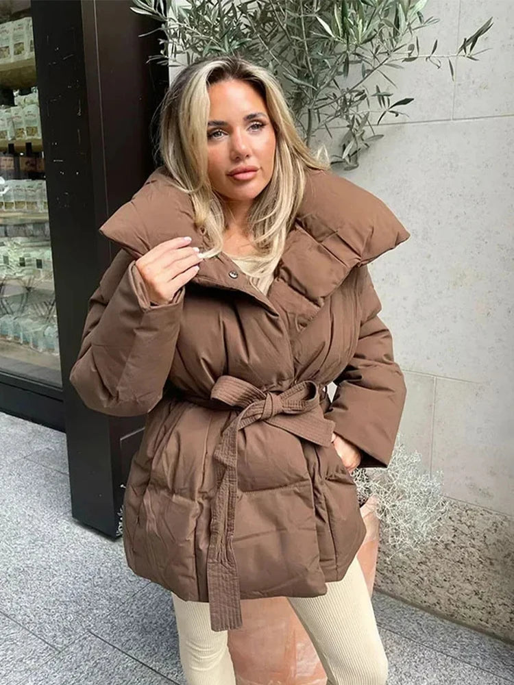 Fashion Lace Up Hooded Cotton Coat Women Casual Stand Collar Single Breasted Pocket Loose Warm Coats Lady Winter Street Outwear