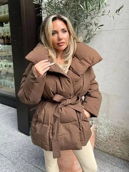 Fashion Lace Up Hooded Cotton Coat Women Casual Stand Collar Single Breasted Pocket Loose Warm Coats Lady Winter Street Outwear