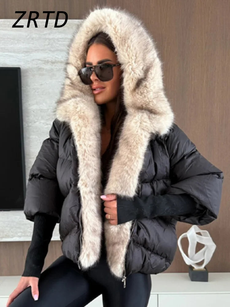 Fashion Women's Faux Fur Hooded Winter Jackets 2025 Warm Patchwork Zipper Full Sleeve Coats Puffer Female Solid Down Jacket