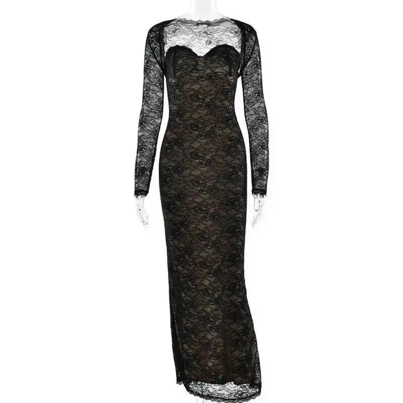 Townlike Lace Slim Bodycon Maxi Long Dress Women 2025 Summer Autumn Winter Dress Nightclub Sexy Party Dresses With Shawl Lining