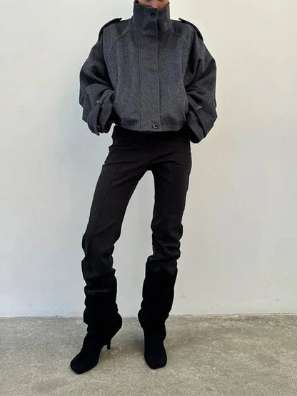 Casual Stand Collar Woolen Jacket Casual Buttons Long Sleeve Drop Shoulder Zipper Loose Coat High Street All-match Spring Tops