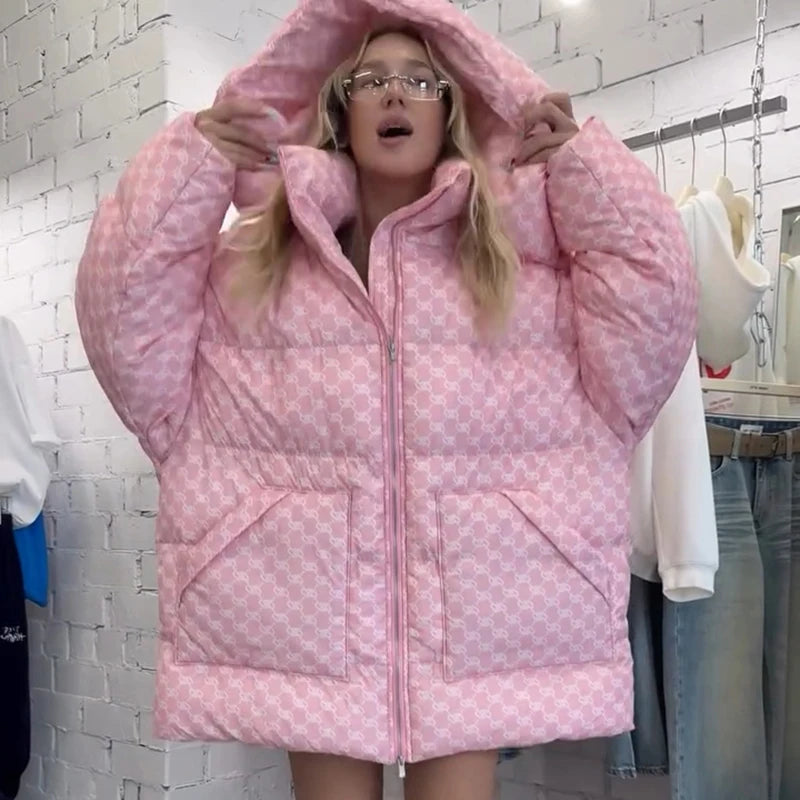 Oversized Puffer Women's Jackets Coat Print Hooded Zipper Parka Coats Loose Mid‑Length Warm Winter Outerwear With Big Pockets