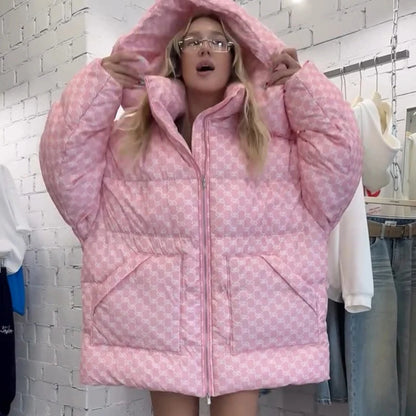 Oversized Puffer Women's Jackets Coat Print Hooded Zipper Parka Coats Loose Mid‑Length Warm Winter Outerwear With Big Pockets